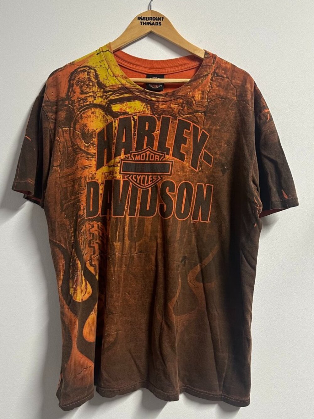 Y2K Harley Davidson AOP Flames Marbel Orange Tshirt Florida Mens XL